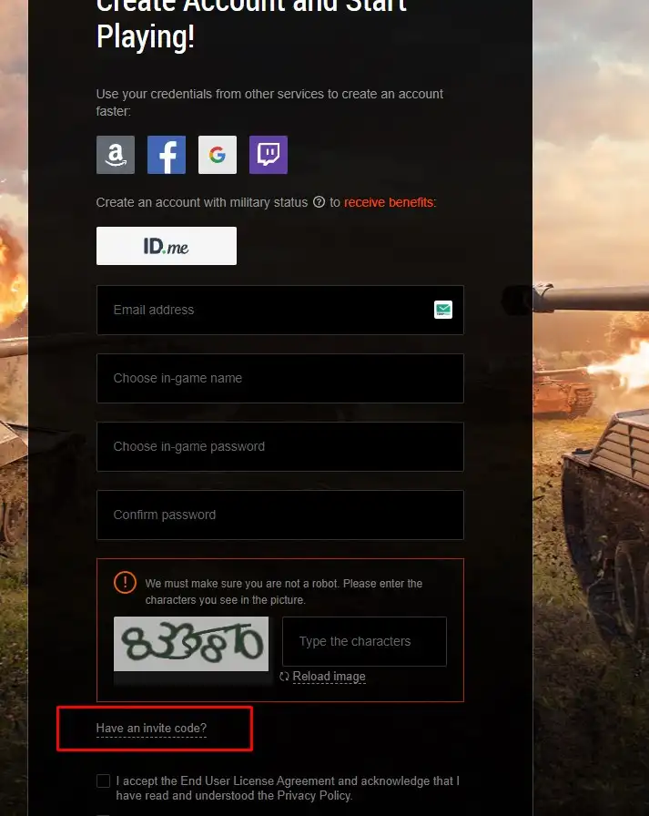 Invite codes for World of Tanks